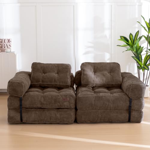 MAXYOYO Folding Sofa Bed, Convertible Chair Bed with Pillow | L-Shaped Floor Sofa with Armrest and Pillow, Foldable Portable Fold Out Comfy Chair Bed for Living Room Bedroom, Brown - color: Brown