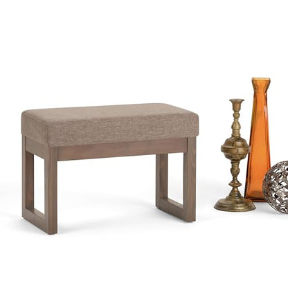 SIMPLIHOME Milltown 27" Wide Linen Look Rectangle Ottoman in Fawn Brown | Contemporary upholstered ottoman with a cushioned seat for extra seating in the bedroom; footstool, footrest or bench. - color: Fawn Brown, style: Small Ottoman Bench