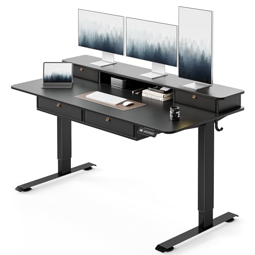 FEZIBO 60 x 30 inch Standing Electric Desk with Drawers, Black | Height Adjustable Workstation, Computer Sit Stand Up Office Table with Large Storage Shelf, 4 Drawers and 2 Hooks - color: Black, size: 60 inch without Keyboard Tray