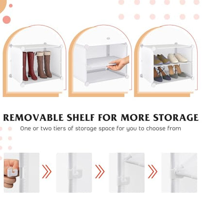 Tangkula 48 Pairs Shoe Rack Organizer, 12-Cube Shoe Storage Cabinet with Removable Shelf, 5 Hanging Hooks, DIY Shoe Shelves with Doors, 24 Tiers Free Standing Shoe Tower Rack for Entryway (White)