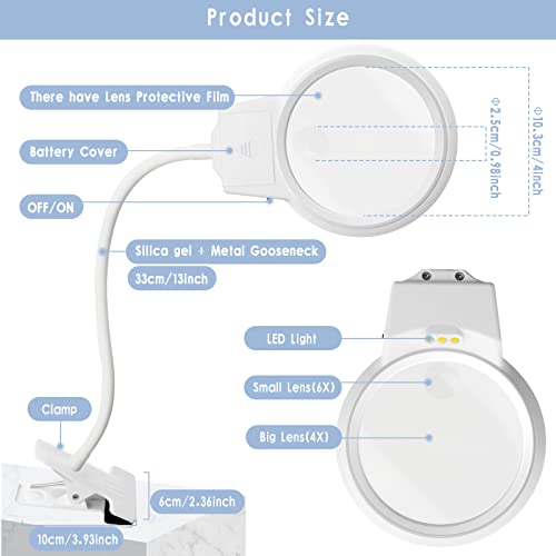LED Magnifying Lamp for Diamond Painting Tools, 4X & 6X Magnifier LED Light with Clip and Flexible Neck for 5D Diamond Painting and Cross Stitch Tool Accessory Magnifier Lamp, White… - color: White