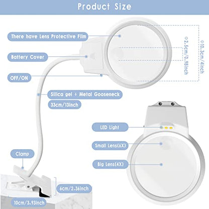LED Magnifying Lamp for Diamond Painting Tools, 4X & 6X Magnifier LED Light with Clip and Flexible Neck for 5D Diamond Painting and Cross Stitch Tool Accessory Magnifier Lamp, White… - color: White