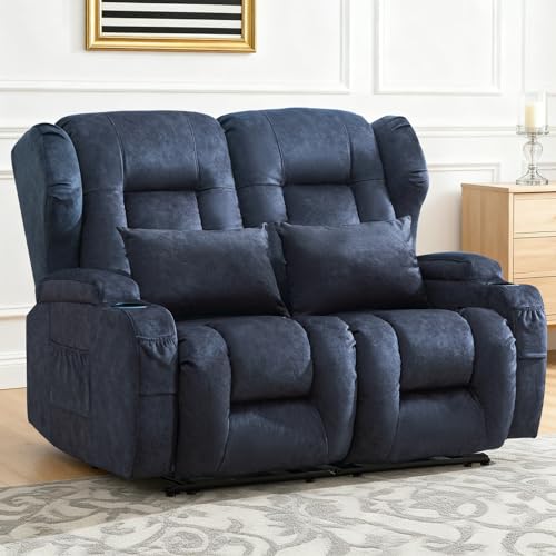 Loveseat Recliner Sofa,RV Wall Hugger Recliners for Small Spaces,Reclining Loveseat Sofa Recliner with Cup Holders/Lumbar Pillows,RV Furniture (Blue,56" 2-Seater) - color: Blue, size: 56" 2-Seater