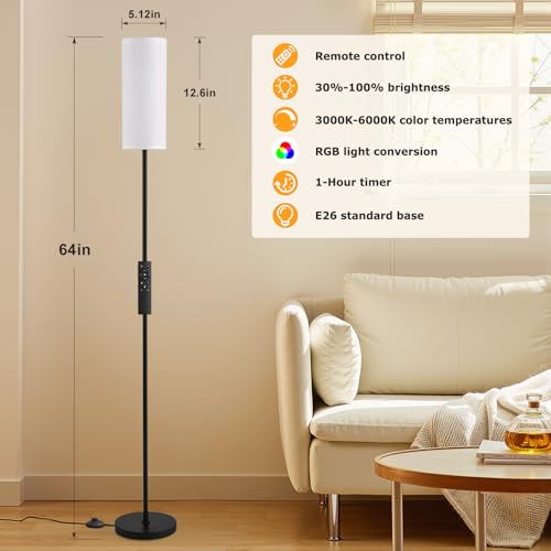 64'' Floor Lamps for Living Room with Remote Control and RGB + Stepless Dimmable Colors Temperature & Brightness, 9W Smart Bulb Included(White Shade & Black Pole) - color: white & black, size: 64.57 inches Round Shade
