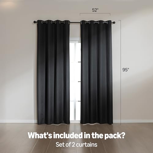 Amazon Basics Faux Linen Blackout Curtains for Bedroom and Living Room, 2-Piece Set with Grommets, 52" W x 95" L, Black - color: Black, size: 52"W x 95"L (Pack of 2)