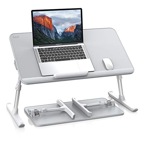SAIJI Non-Slip Leather Laptop Bed Tray Table,Lap Desk with Laptop Stopper | Portable Height & Angle Adjustable Laptop Stand with Foldable Legs, Notebook Stand Reading Desk for Sofa Couch - color: Gray, size: Large