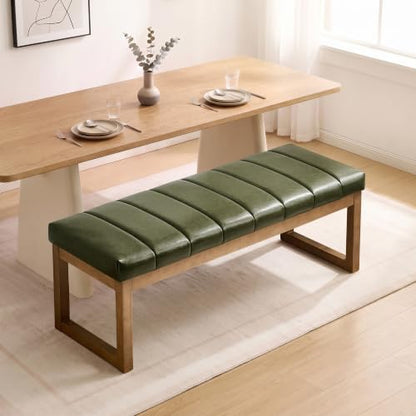 52.7" Bedroom Bench for End of Bed, Faux Leather Entryway Bench (Green-PU) | Modern Upholstered Dining Bench & Footrest Stool Bench with Solid Wood Frame for Bedroom, Living Room - color: Green-pu