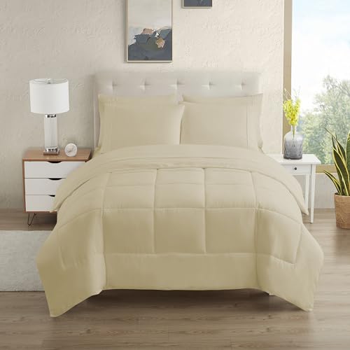Sweet Home Collection 5 Piece Comforter Set Bag Solid Color All Season Soft Down Alternative Blanket & Luxurious Microfiber Bed Sheets, Beige, Twin - color: Beige, size: Twin