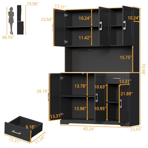 Gyfimoie 71’’ Farmhouse Kitchen Pantry Cabinet, Tall Storage Cabinet with Power Outlet, Freestanding Hutch with Drawer, 4 Adjustable Shelf & 6 Doors for Kitchen Living Room (Black) - color: Black