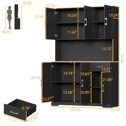 Gyfimoie 71’’ Farmhouse Kitchen Pantry Cabinet, Tall Storage Cabinet with Power Outlet, Freestanding Hutch with Drawer, 4 Adjustable Shelf & 6 Doors for Kitchen Living Room (Black) - color: Black