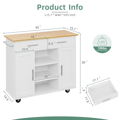 Shintenchi Kitchen Island with Storage, Kitchen Island Cart on Wheels with 3 Open Shelves, 2 Drawers and 2 Cabinets, Rolling Kitchen Table with Large Countertop, White - color: Green and White-26 Inch