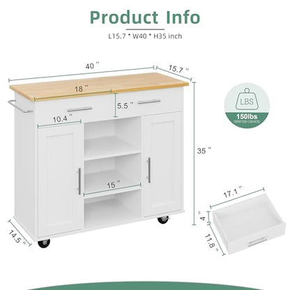 Shintenchi Kitchen Island with Storage, Kitchen Island Cart on Wheels with 3 Open Shelves, 2 Drawers and 2 Cabinets, Rolling Kitchen Table with Large Countertop, White - color: Green and White-26 Inch