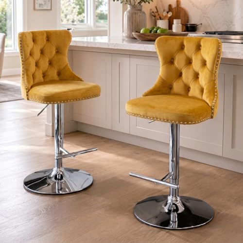 Velvet Bar Stool Set of 2, Adjustable Swivel Bar Stools with Silver Plated Metal Leg, Button Tufted, Footrest, Chrome Nailhead, Counter Height Chair for Kitchen, Bar, Dining Room (Gold) - color: Gold-silver Leg, size: Set of 2