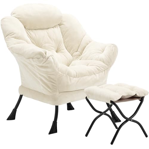 Youtanic Lazy Chair with Folding Ottoman, Accent Chair Plush Upholstered with Metal Structure and Non-Slip Pads, Sofa Armchair with Footrest and Side Storage Bag for Dorm, Room, Office, Beige - color: Plush Beige-f