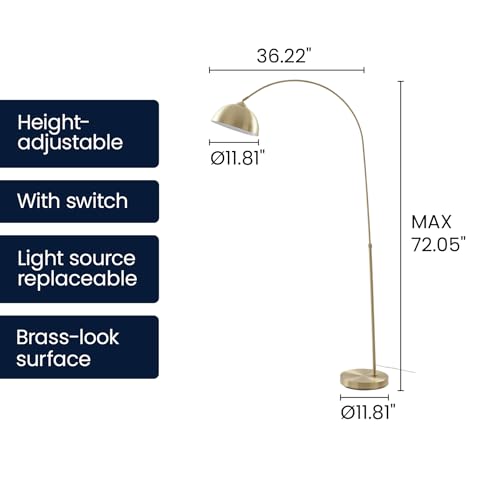 74.8" Arched Floor Lamp, Height Adjustable Arc Floor Lamp for Living Room in Matte Gold/Brass with Foot Switch, Over Couch Reading Floor Lamp for Bedroom Office, 1 x E26 Bulb Not Included