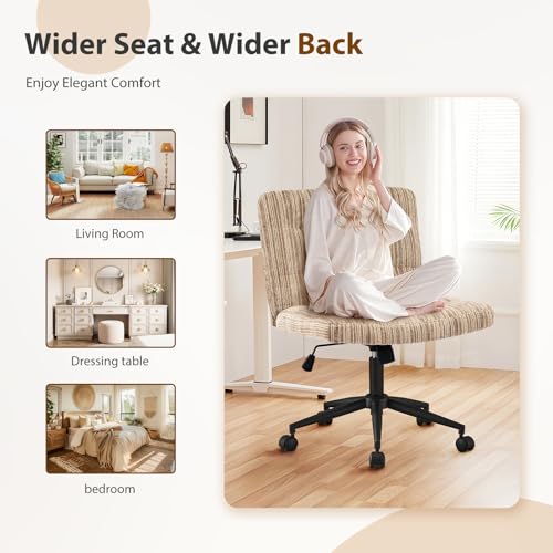 Furnimart 360° Swivel Criss Cross Desk Chair Extra-Thick Cushion, Premium Chenille Cross Legged Chair with Wide Seat & Wheels, Comfy Armless Home Office Chair for Bedroom, Vanity, Sturdy (Light Brown) - color: Chenille Light Brown