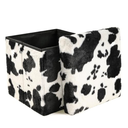 Luxe Faux Fur Storage Ottoman, Cowhide Black/White, 12 x 12 x 12 in | Engineered Wood, Tool-Free Assembly, Modern Style, Seat And Footrest - color: Cowhide Black/White, size: 12"D x 12"W x 12"H