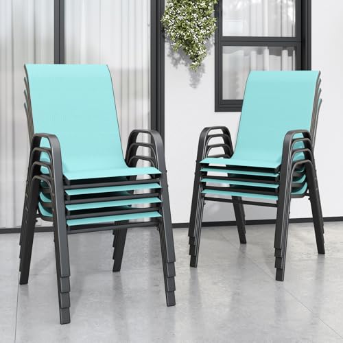 Light Blue Patio Chairs Set of 8, Stackable Outdoor Dining Chairs for All Weather Textilene Fabric & Metal Frame, Outdoor Chairs Set for Backyard Deck Garden - color: Light Blue, size: Set of 8