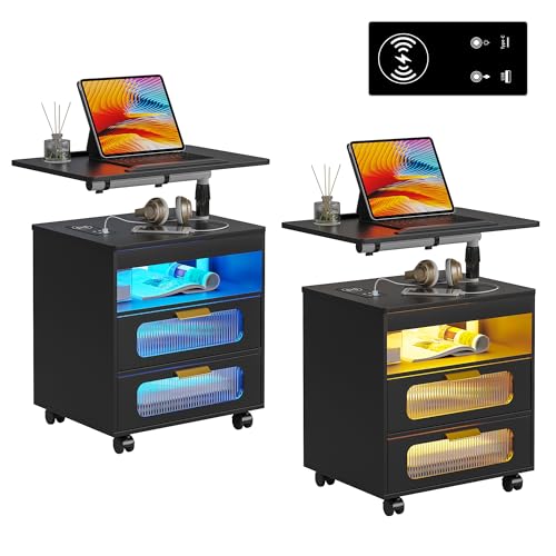 HNEBC LED Nightstand Set of 2 with Charging Station & Adjustable Overbed Desk, 3 Color LED Lights & Body Sensor, Mobile Bedside Table with Wheels, 2 Drawers & Open Shelf for Bedroom (Black) - color: 9603-2-black