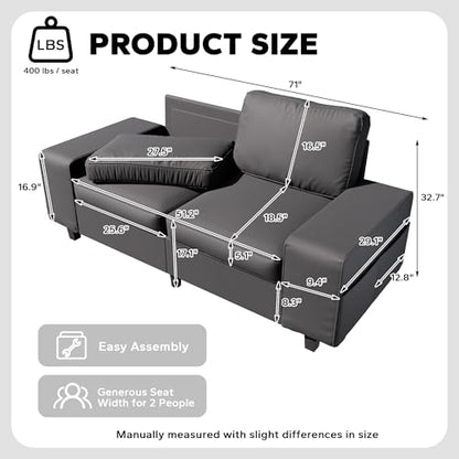 71" Leathaire Loveseat Couch, 2 Seater Retro Sofa with 4 Side Pockets, Removable and Washable Cushions, Living Room，Apartment, Office (Dark Grey) - color: Dark Grey Leathaire, size: 71 "
