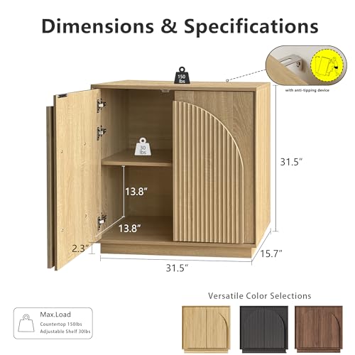 win2win 31.5" Small Buffet Cabinet with Storage, Arched Doors, Oak, 1PCS | Modern Console Cabinet for Dining Living Room Kitchen Entryway, Modular Accent Cabinet, Credenza with Wood Grain, Fluted - color: Oak