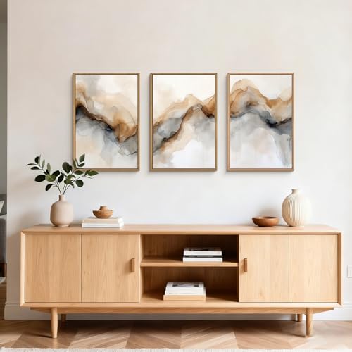 Ausril Abstract Neutral Watercolor Framed Canvas Wall Art Set -24"×36" x3 | Modern Texture Art Prints Retro Ink Landscape Wall Decor Minimalist Brown Beige Wall Painting for Living Room Bedroom Office - color: Abstract Neutral Wall Art, size: 24"L x 36"W
