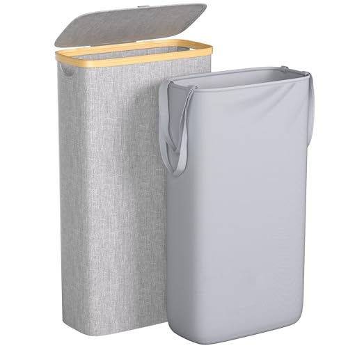 Foluck Slim Laundry Hamper, 60L Waterproof Narrow Laundry Basket with Lid and Removable Bag, Collapsible Tall Clothes Hamper with Bamboo Handles for Clothes Toys in Dorm Bedroom Bathroom, Grey - color: Grey, size: 60L
