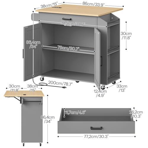 HOOBRO Kitchen Island with Drop Leaf Countertop & Power Outlet, Rolling Island Cart on Wheels, Kitchen Cart with Drawer & Spice Rack, Mobile Island Table for Kitchen, Natural and Grey GN86UZD01 - color: Natural + Grey