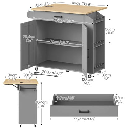 HOOBRO Kitchen Island with Drop Leaf Countertop & Power Outlet, Rolling Island Cart on Wheels, Kitchen Cart with Drawer & Spice Rack, Mobile Island Table for Kitchen, Natural and Grey GN86UZD01 - color: Natural + Grey