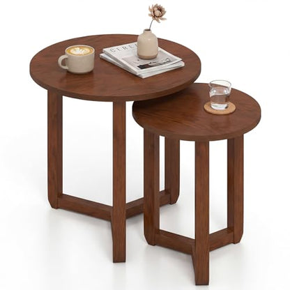 GIANTEX Round Nesting Coffee Table Set of 2, Wood End Tables, Walnut | Thickened Top & Solid Rubber Wood Legs, Farmhouse Sofa Side Table for Small Spaces Living Room Bedroom - color: Walnut