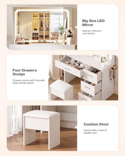 LIVELYGLOW 35.4" White Vanity Desk Set with Full-Width LED Mirror & Stool | 3 Lighting Modes, Charging Station, Cushioned Stool, 4 Drawers