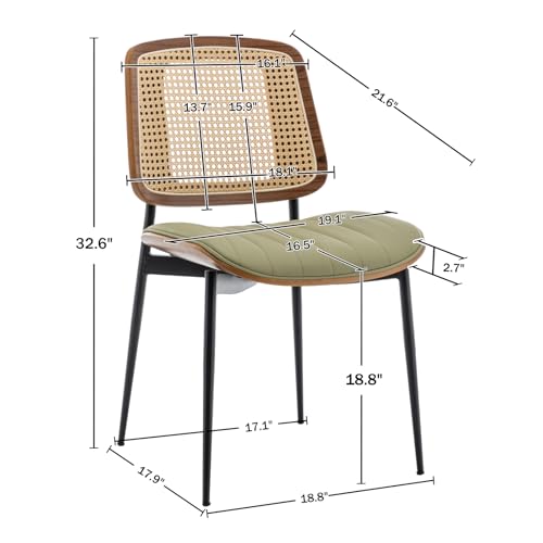 Rattan Dining Chairs Set of 4,Mid Century Green PU Leather Kitchen Chairs,Upholstered Seat Metal Legs Chairs with Adjustable Foot Pads,Walnut Armless Side Chairs - color: Green, size: Set of 4