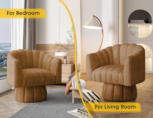 Dewhut Swivel Accent Chair, Barrel Accent Chair, Leather, Brown | Faux leather Upholstered Round Arm Chair with 360° Swivel Base, Mid Century Modern Living Room Chair - color: Brown