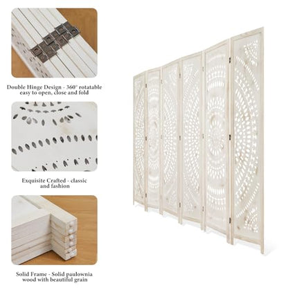 Svimi Room Divider Wood Carved Wall Divider Indoor Folding Bohemian Style Portable Partition Screen for Home Office Garden Terrace - 6 Panels (Antique, White-Washed)