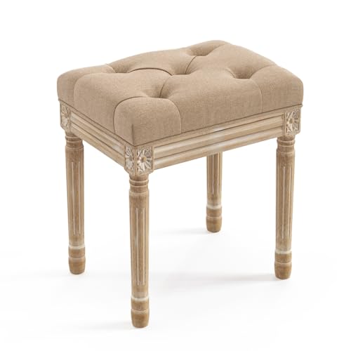 LUE BONA Upholstered Fabric Vanity Bench Seat, Makeup Stools for Vanity, Square Tufted Ottoman Bench with Carved Wood Color Legs for Bedroom Living Room, Wheat Color - color: Wheat and Wood