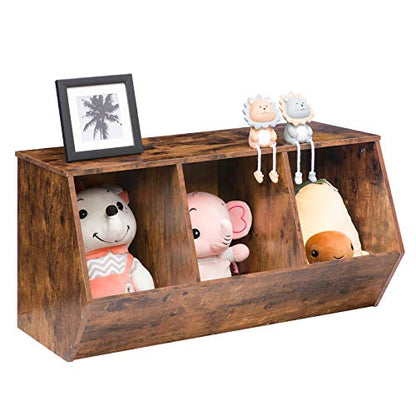 HOOBRO Toy Storage Cubby, Kids Bookshelf, Stackable 3-Bin Toy Storage Cabinet, Bookcase Footboard, Children's Toy Shelf, Suitable for Children's Room, Playroom, Hallway, Rustic Brown BF30CW01 - color: Rustic Brown