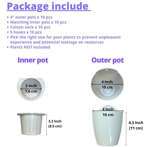 LaLaGreen Self-Watering Wall Planters (4in, 10 Pack) White Indoor Plants | Wall Mount Planter Plant Holder, Modern Hydroponic Wall Pots Vertical Living Plant Garden Decor - size: 4" (10 cm)
