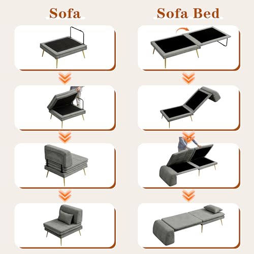 wanan Sleeper Chair, 3-in-1 Chair Bed Sleeper for Adults, Futon Sofa Bed with Back Support & Pillow, Solid Wood Frame & Sturdy Metal Legs for Living Room, Bedroom, Gray