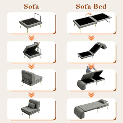 wanan Sleeper Chair, 3-in-1 Chair Bed Sleeper for Adults, Futon Sofa Bed with Back Support & Pillow, Solid Wood Frame & Sturdy Metal Legs for Living Room, Bedroom, Gray
