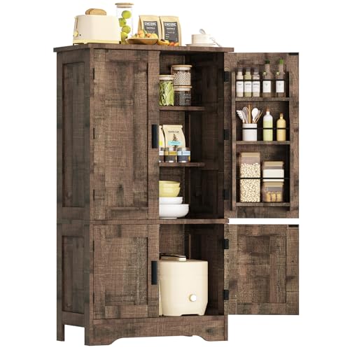 Storage Cabinet with 4 Doors, 43.3" H Farmhouse Kitchen Cabinet with 6 Door Shelves, Kitchen Storage Cabinets with Adjustable Shelves, for Living Room, Antique Oak - color: Antique Oak