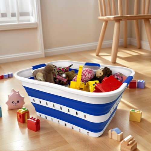 SAMMART 42L (11 gallon) Collapsible Plastic Laundry Basket - Foldable Pop Up Storage Container/Organizer - Space Saving Hamper/Basket (1, White/Dark Blue) - color: White/Dark Blue