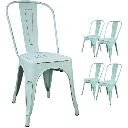 Devoko Metal Indoor-Outdoor Chairs Distressed Style Kitchen Dining Chairs Stackable Side Chair with Back Set of 4 (Blue) - color: Blue