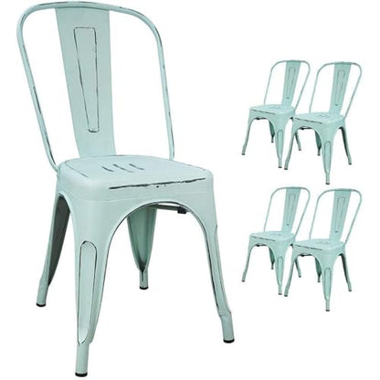 Devoko Metal Indoor-Outdoor Chairs Distressed Style Kitchen Dining Chairs Stackable Side Chair with Back Set of 4 (Blue) - color: Blue
