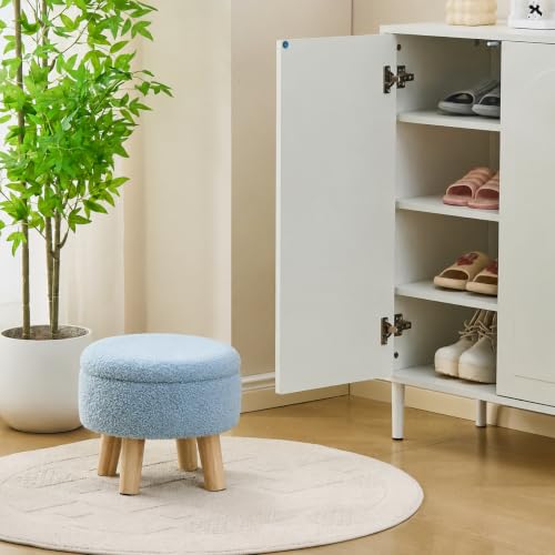 Wimarsbon Storage Ottoman, Modern Round Footrest with Soft Padded Seat, Teddy Velvet Footstool with Wood Legs, Accent Small Table or Plant Stand for Hallway, Living Room (Blue) - color: Blue