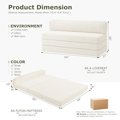 Convertible Sofa Bed, Boneless Couch Loveseat with Removable Cushions & Washable Cover, Futon Sofa Bed with Handle, Pull Out Couch for Small Spaces, Full Size, Beige - color: Beige, size: Full Size-80''L*54''W