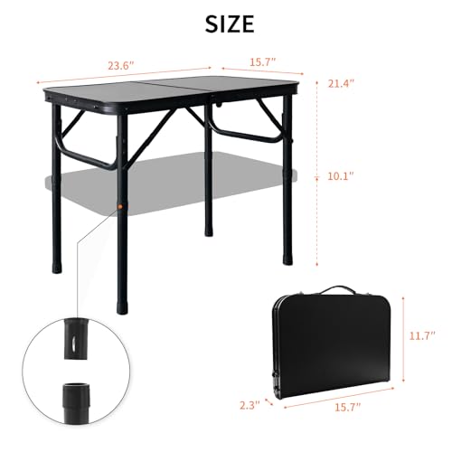 Folding Camping Table, Black Aluminum Frame,3-Position Adjustable Height,Lightweight Carry Handle, Portable for Travel, Camping Outdoor Use, 2 Ft x 1.5 Ft(Small), Black - size: 2 ft × 1.3 ft × 1.78 ft H, No Umbrella Hole