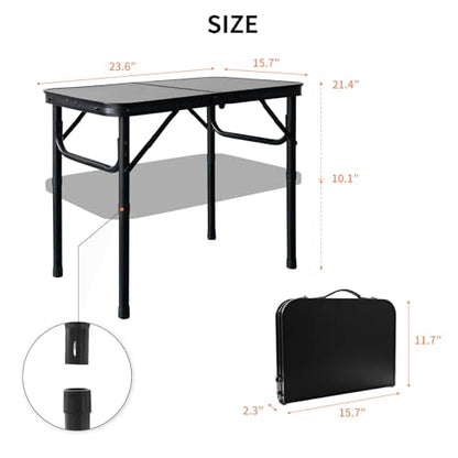 Folding Camping Table, Black Aluminum Frame,3-Position Adjustable Height,Lightweight Carry Handle, Portable for Travel, Camping Outdoor Use, 2 Ft x 1.5 Ft(Small), Black - size: 2 ft × 1.3 ft × 1.78 ft H, No Umbrella Hole