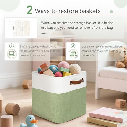 FinishingBo 11x11 Cube Storage Bins 6 Pack, Fabric Basket with Handles | Foldable Storage Cubes, PU Leather Handles,Closet Storage, White Green - color: White/ Green