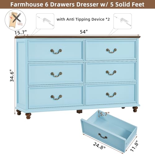 Joaxswe Farmhouse 6 Drawers Dresser for Bedroom, Vintage 54" Wide Chest of Drawers w/ 4 Wooden Legs, Rustic Large Closet Storage Dressers Organizer for Hallway, TV Stand for Living Room,Light Blue - color: Light Blue, size: 15.7"D x 54"W x 34.6"H (6 Drawe