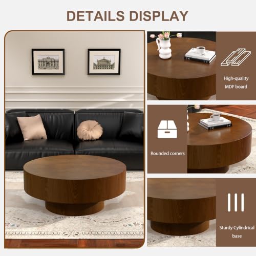 Brown Round Drum Coffee Table with Pedestal Base | 30.5'' Modern Wooden Drum Center Table, Brown Wood Finish Drum Shape, Wooden Structure, For Living Room & Apartment - color: Brown